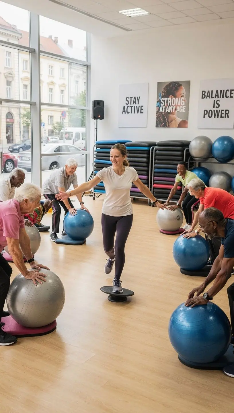 Egy csoport idősebb felnőtt végez nyújtó gyakorlatokat egy parkban.