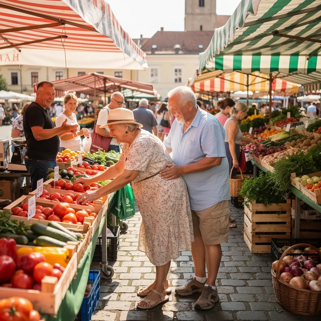 Két idős ember segíti egymást a nyújtás során egy fitness órán.