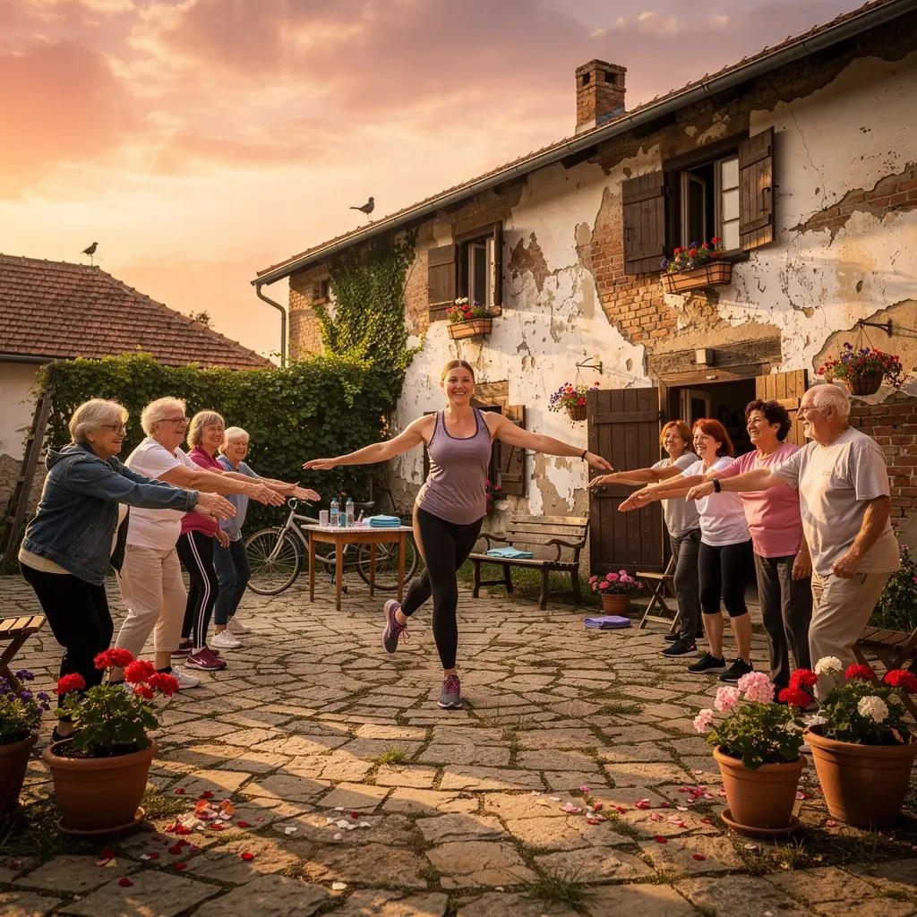 Egyensúlyi labda használata közben, nő a nappaliban, fókusszal a rugalmasságra.