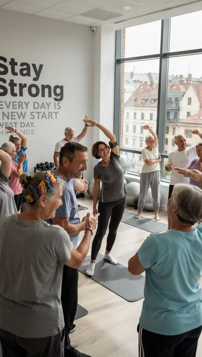 Képernyő, amelyen digitális edzésprogram látható, idős emberek számára tervezve.