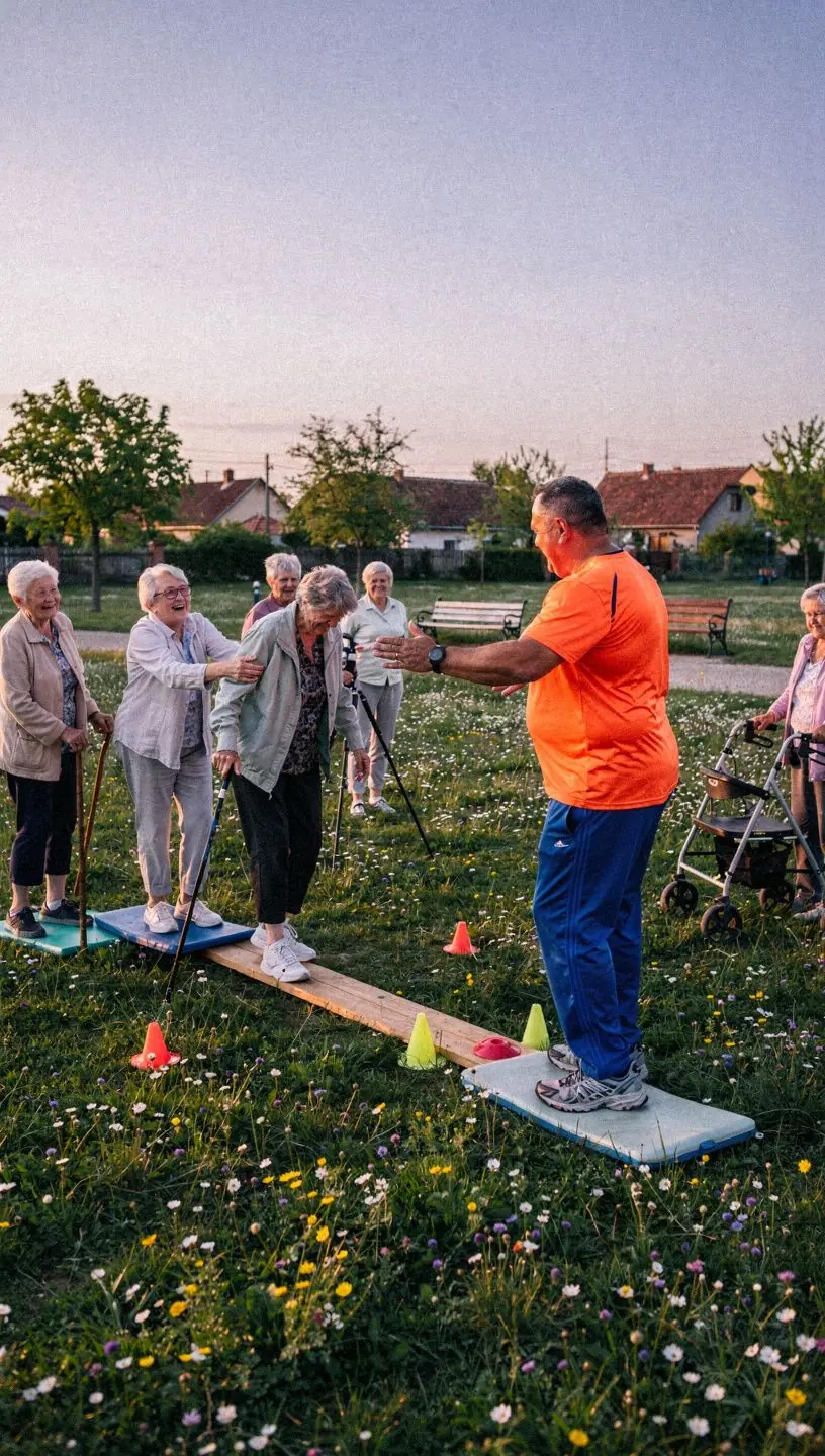 Idős emberek egyensúly fejlesztő gyakorlatokat végeznek a szabadban.