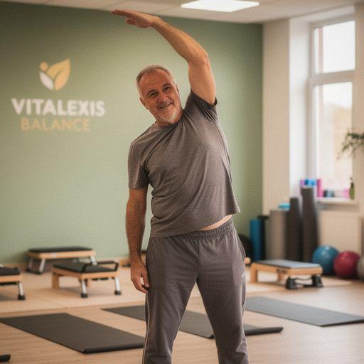 Idősebb felnőttek csoportja, akik egyensúlyfejlesztő gyakorlatokat végeznek a szabadban.