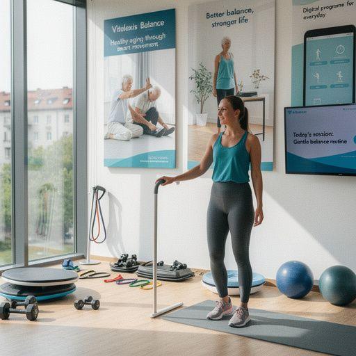 Egy idős nő, aki nyújtó gyakorlatot végez egy szőnyegen, mosollyal az arcán.