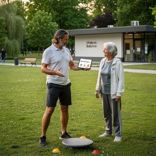 Két aktív idősebb férfi, akik egymással együttműködve végeznek egyensúlyi gyakorlatokat.