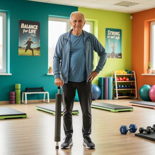 Egy csoport idősebb ember, akik boldogan gyakorolják a rugalmasságot növelő mozdulatokat.